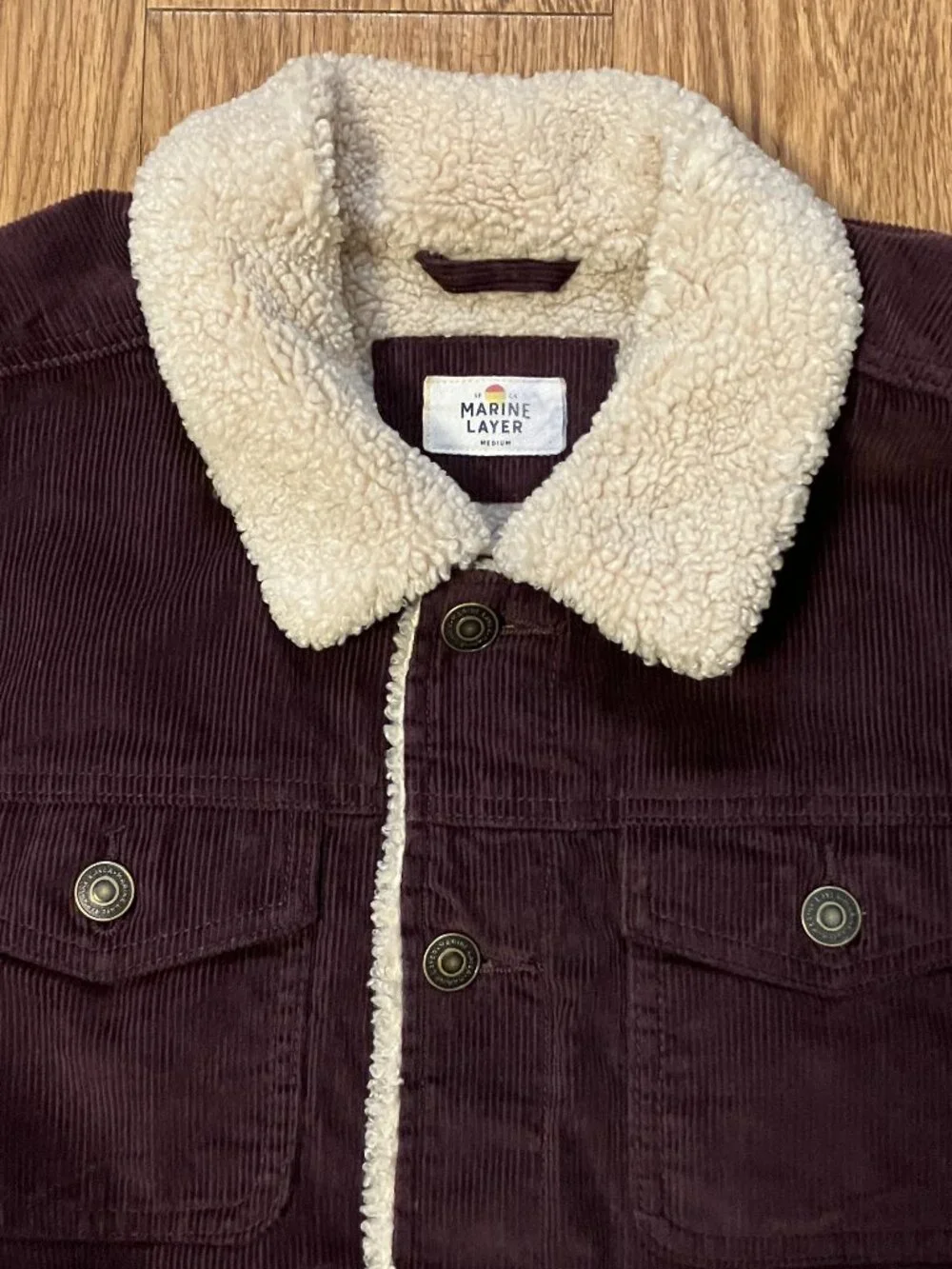 Marine Layer Boise Corduroy Sherpa Trucker Jacket Men's Medium Burgundy Brown